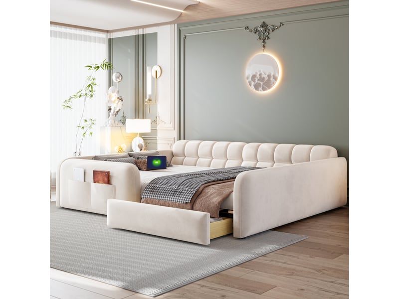  Lit enfant rembourré 140 x 200 cm avec tiroir, veilleuse, port de charge, barrières de sécurité hautes et tête de lit style canapé, velours, beige  - Conforama B