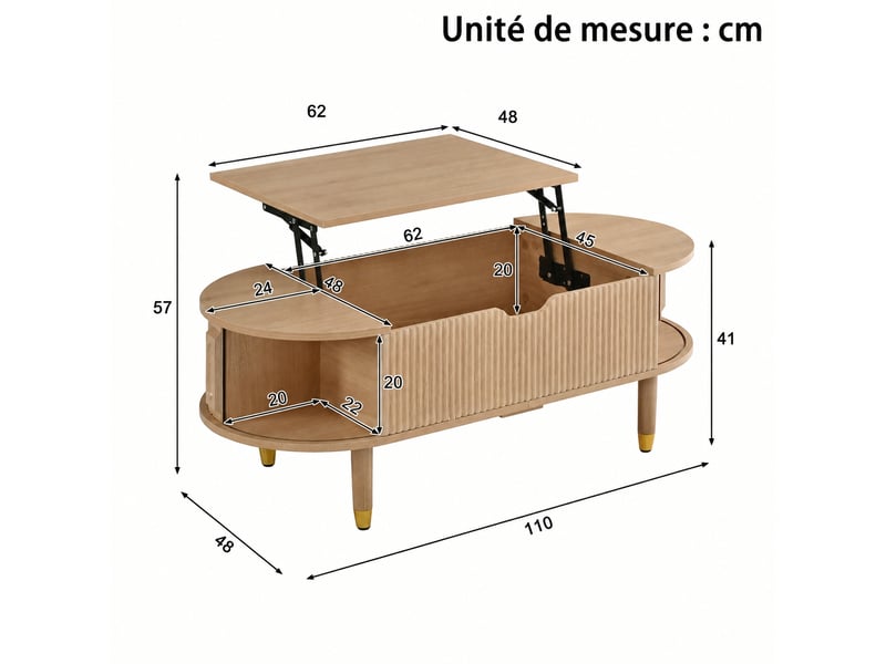  Table basse ovale relevable en mdf avec rangement, 110 x 48 x 57 cm  - Conforama C