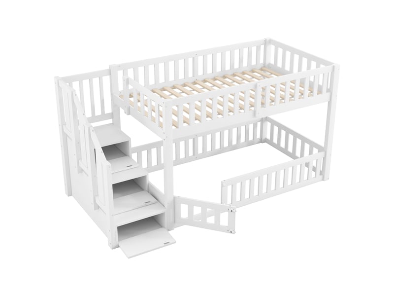 Lit superposé bas 90x200 cm avec échelle de rangement et garde-corps lit enfant avec sommier à lattes en pin mdf blanc - Conforama D