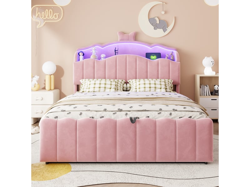  Lit coffre 2 places 140x200 cm - lit avec rangement hydraulique, tête de lit led, usb et usb-c - velours - rose  - Conforama B