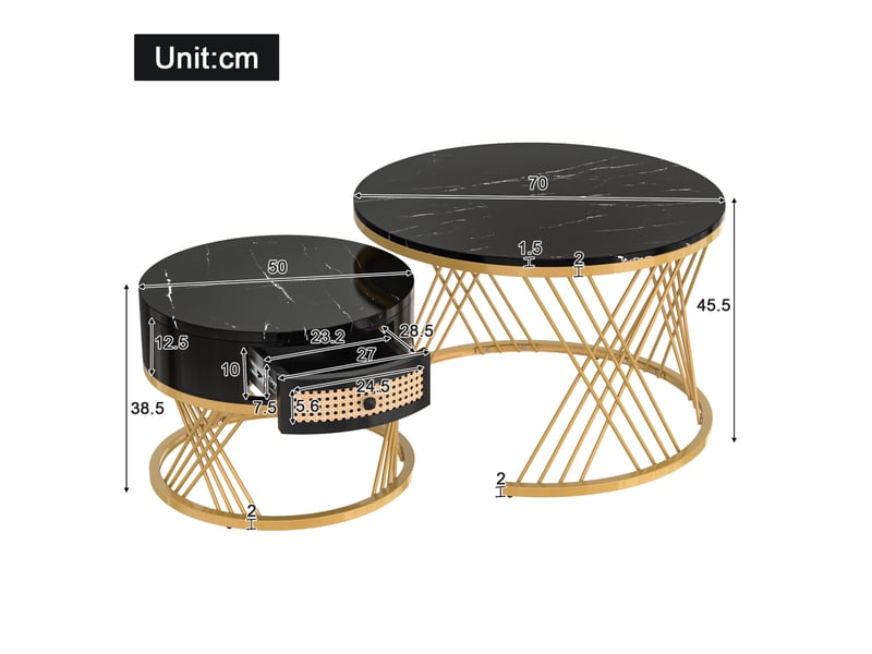  Tables basses gigognes rondes avec 1 tiroir et 2 plateaux, style moderne, pour salon, en mdf, noir et doré  - Conforama D