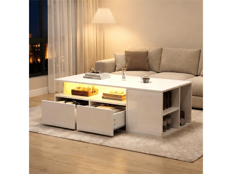  Table basse rectangulaire blanc avec 2 tiroirs - 50x100 cm led panneau de particules table basse blanc - Conforama B