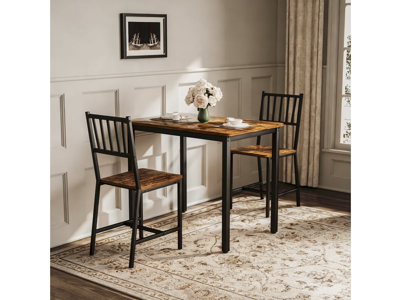  Ensemble repas industriel 3 pièces, table compacte pour petite cuisine avec 2 chaises, plateau marron rustique et cadre noir  - Conforama C