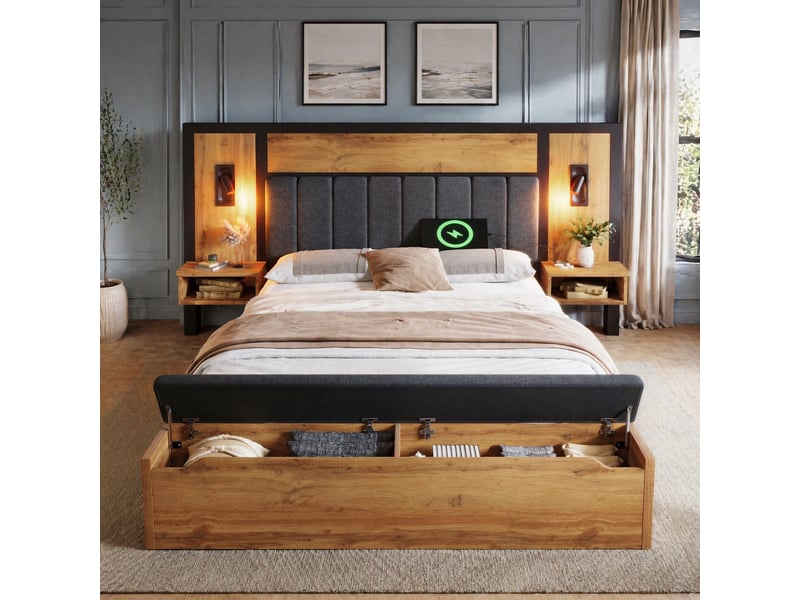  Lit avec rangement 2 places 160 × 200 cm avec chevets, lampes de lecture, usb et type-c, sans matelas, chêne  - Conforama B