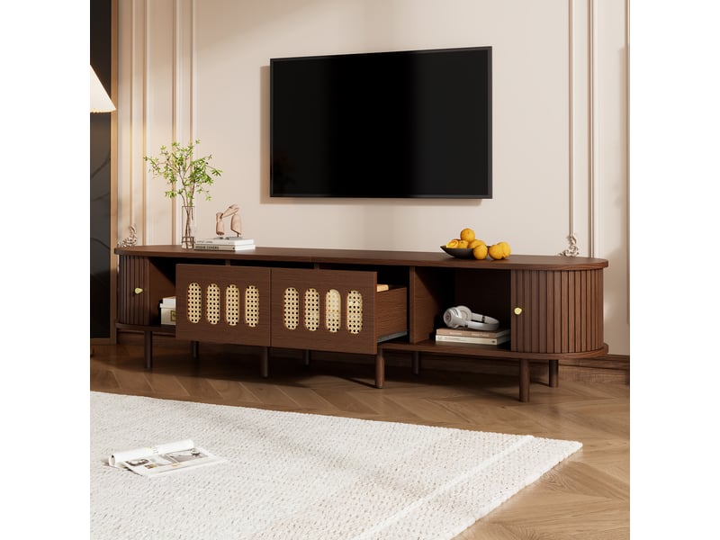  Meuble tv 180 cm ovale en noyer avec façades en rotin, 2 tiroirs et portes coulissantes, pour téléviseur jusqu'à 80 pouces  - Conforama B
