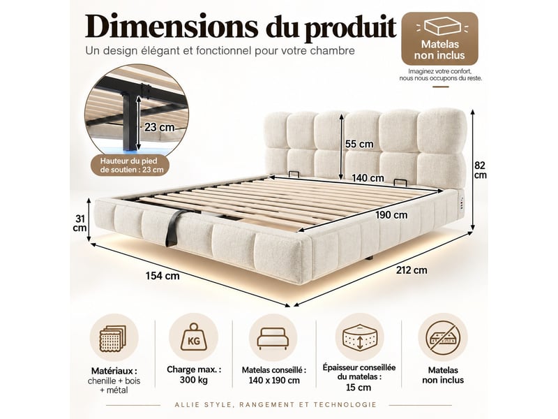  Lit double rembourré 140x190 cm effet suspendu, design nuage, rangement hydraulique, led, usbtype-c, chenille beige, sans matelas Fay Lum - Conforama C