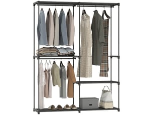 Armoire de rangement, penderie portable avec 3 barres de suspension et 4 étagères, 142 x 43 x 185 cm, noir