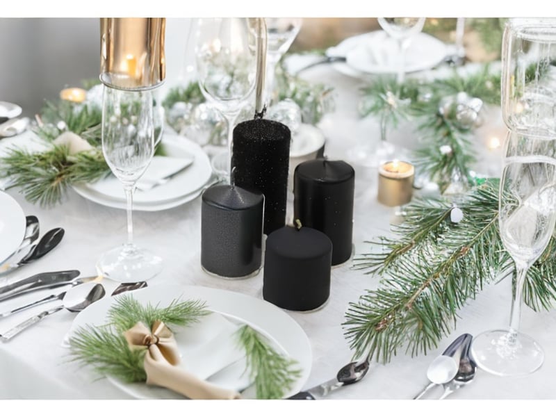  Lot de 4 bougies piliers, pour couronne de l'avent, de table, noir mat et paillettes noires, graduées de 5 x 5 x 5 cm à 5 x 9 cm (l x l x h)  - Conforama E