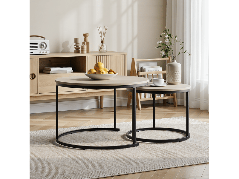  Set de 2 tables basses gigognes rondes – placage chêne et métal noir – ø 70 cm  - Conforama B