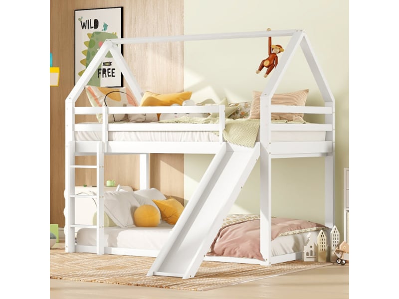  Lit superposé,lit cabane pour enfants en bois de pin 90x200cm avec toboggan,échelle d'escalade et garde-corps,blanc lit enfant blanc - Conforama D