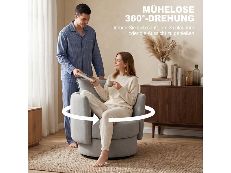  Fauteuil club pivotant à 360 degrés avec coussin et double suspension, en polyester gris clair, 85 × 79 × 84 cm  - Conforama E