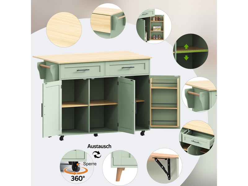  Îlot de cuisine mobile 129 × 46(71) × 91,5 cm vert, mdf, plateau rabattable en bois massif, tiroirs et roulettes  - Conforama D