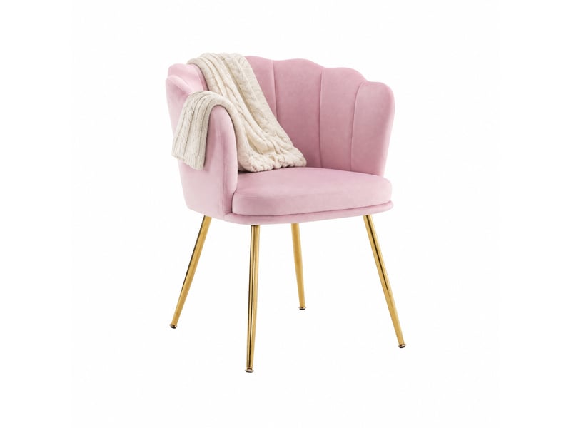  Lot de 6 fauteuils design 63x58x77 cm, dossier pétale, accoudoirs, coussins, pieds dorés, velours rose  - Conforama B