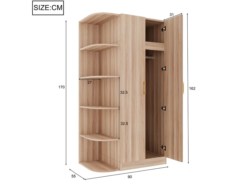 Armoire 2 portes avec étagères et tiroirs, meuble de rangement pour chambre, blanc et bois naturel, 90 × 55 × 170 cm - Conforama D