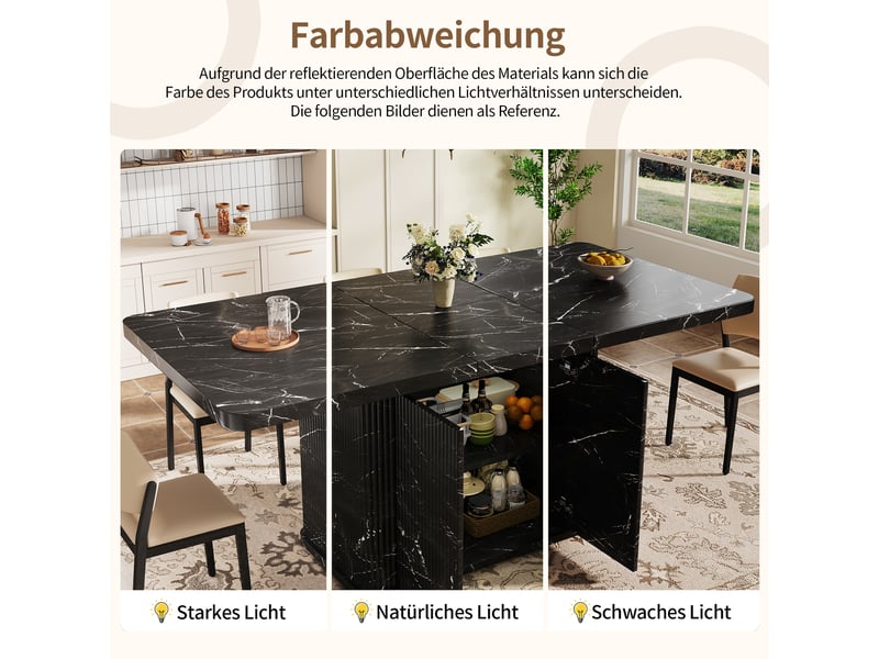 Table de salle à manger extensible avec rangement caché et portes sans poignées, effet marbre noir, pour salle à manger - Conforama E