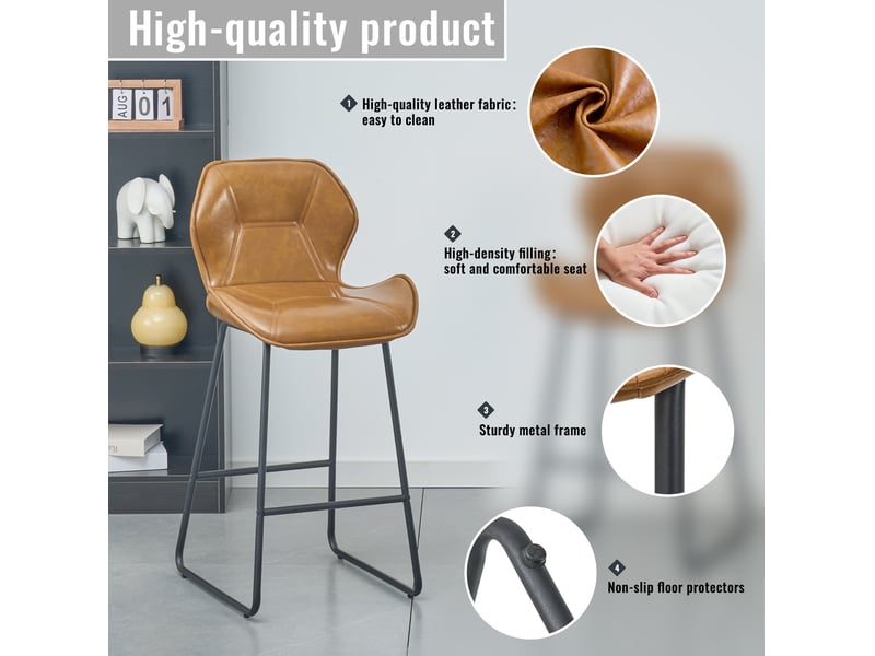  Tabouret de bar 2 pièces avec dossier ergonomique et repose-pieds, en métal et cuir synthétique marron  - Conforama E