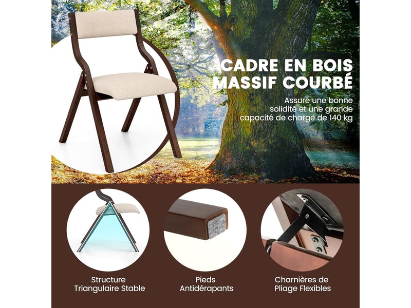 Lot de 2 chaises de cuisine pliantes rembourrées, structure bois massif, dossier en tissu de lin (café) - Conforama C