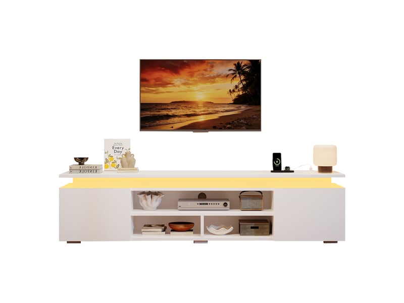  Meuble tv 180 x 35 x 42 cm blanc mdf, éclairage rgb avec commande par application et rangements ouverts  - Conforama A