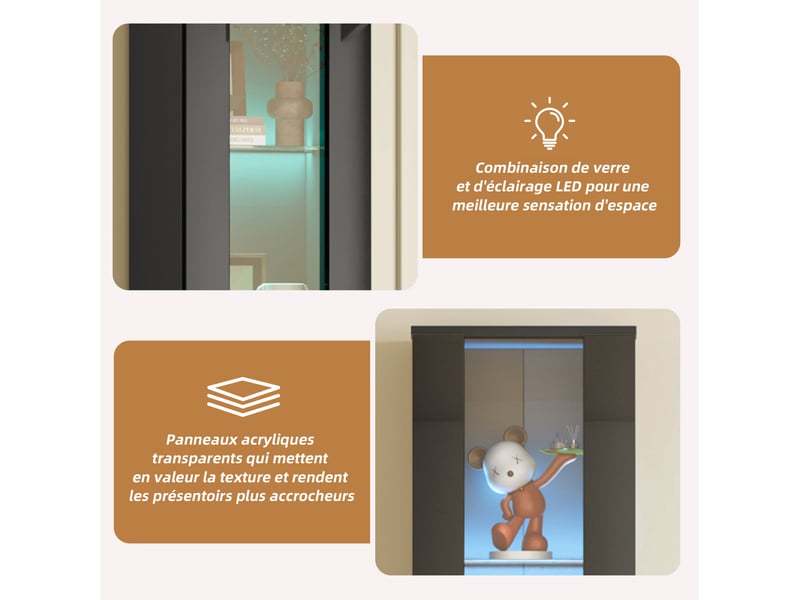  40 x 29 x 170 cm vitrine multifonctionnelle en verre noir, vitres led, contrôle par application, murale, design minimaliste  - Conforama E