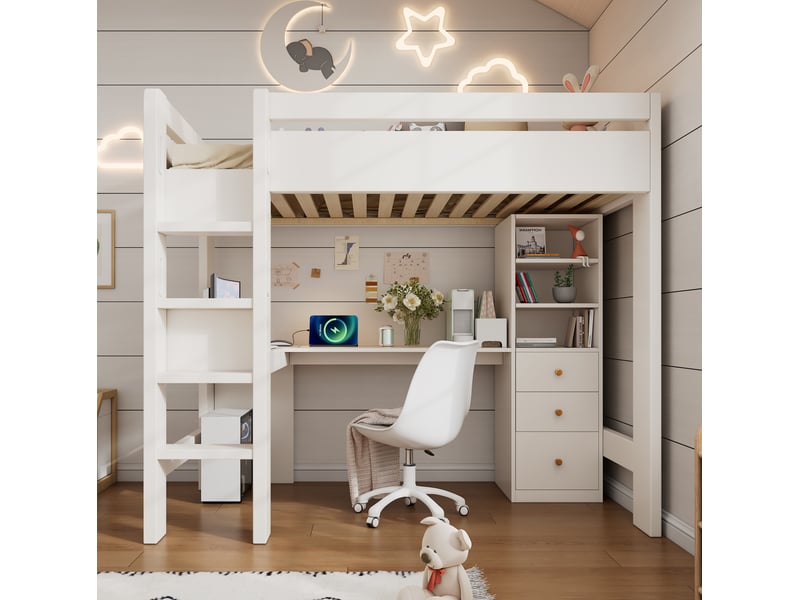 Lit mezzanine enfant 90x200cm avec bureau en l, tiroirs, étagère, port usb type-c, sommier, bois blanc, sans matelas - Conforama B