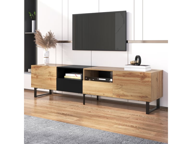  Meuble tv noir et bois, grand espace de rangement, structure robuste, design moderne pour salon  - Conforama B