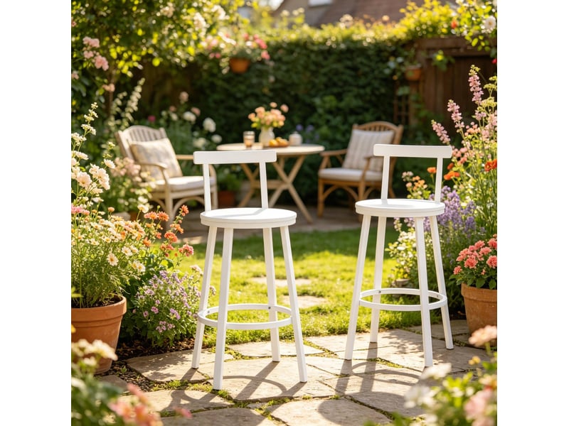  Tabouret de bar avec dossier courbé et repose-pieds, lot de 2, style moderne, en mdf et métal, blanc  - Conforama C