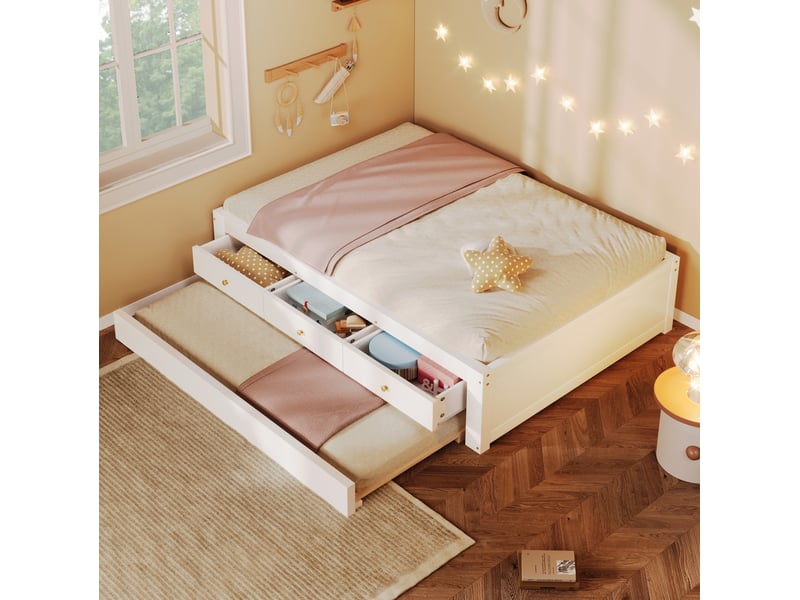  Lit gigogne 90x200 cm avec 3 tiroirs en mdf et pin blanc, sans matelas ni tête de lit  - Conforama B