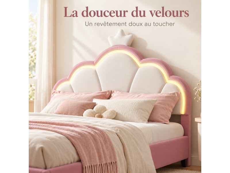  Lit enfant fille 90x200 cm en velours, lit simple rembourré avec led, lit princesse avec tête de lit réglable, décoration couronne et sommier à lattes, design rembourré moderne, rose  - Conforama E