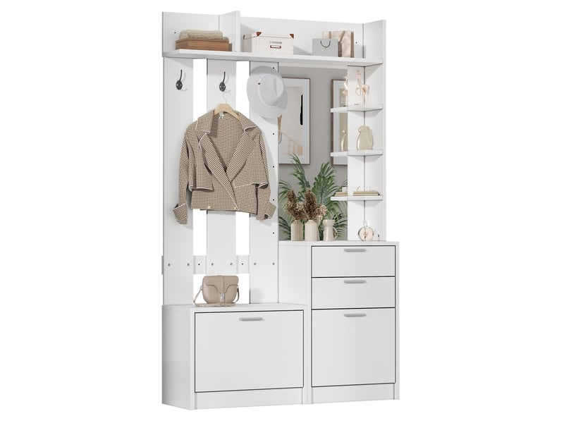  Meuble d'entrée avec miroir, 2 tiroirs, 2 range-chaussures basculants et 3 crochets, blanc, 110 × 34 × 185 cm  - Conforama A