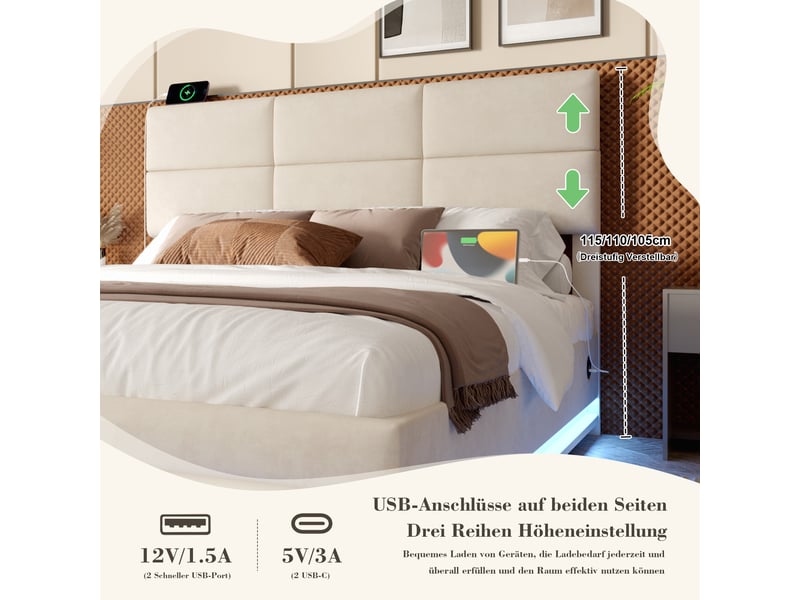 Lit coffre 180x200 cm, lit double, rangement hydraulique, led, usb et usb-c, velours beige, tête de lit réglable - Conforama W