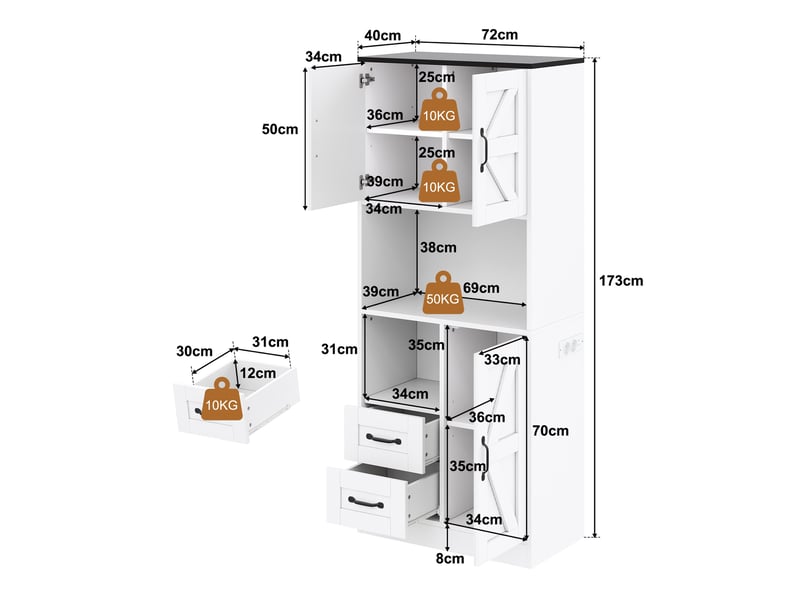  Armoire haute de cuisine 72x40x173 cm avec led rgb, 2 prises, 2 usb, 3 portes style grange, 2 tiroirs, étagères réglables, mdf blanc  - Conforama D