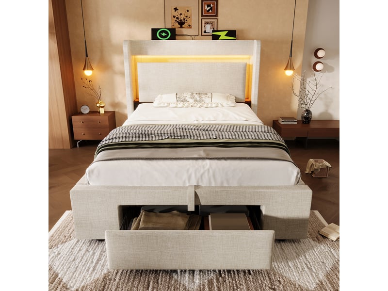  Lit coffre, lit simple 90x200 cm en lin avec rangement hydraulique, tiroir, led, usb et usb-c, matelas inclus  - Conforama B