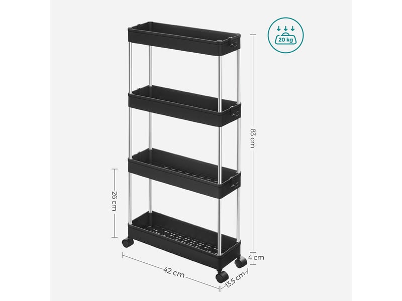  Chariot de rangement mobile sur 4 niveaux étagère sur roulettes pour salle de bain et cuisine étroites 40 x 13.5 x 86 cm blanc ksc08wt 12_0005021  - Conforama C