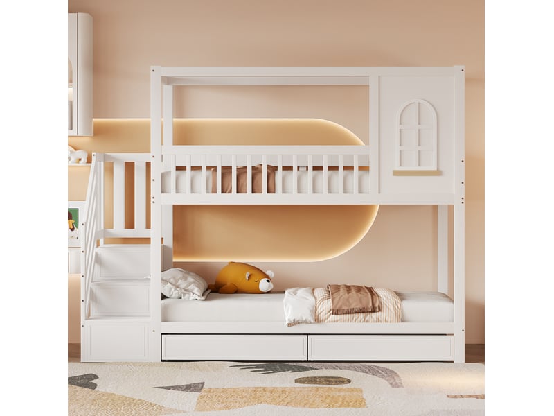  Modenvie lit superposé enfant 90x200 cm - avec échelle sécurisée, rangements intégrés - blanc  - Conforama D
