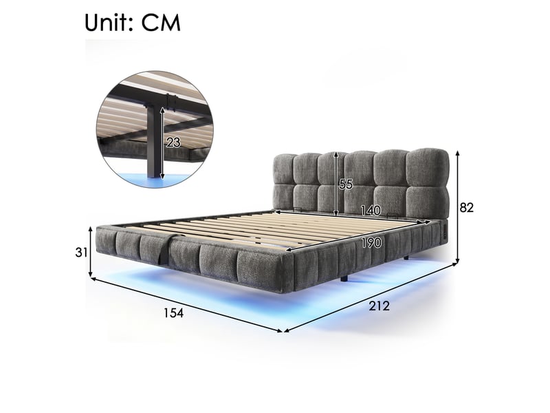 Lit coffre bubble en chenille gris 140x190 cm avec led, usb et type-c Fay Lum - Conforama C