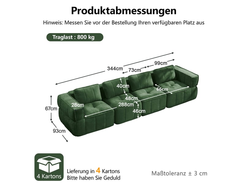 Canapé modulaire 4 places sans structure avec assise profonde - lpospi - mousse 32d, polyester vert 344 × 93 × 67 cm - Conforama D