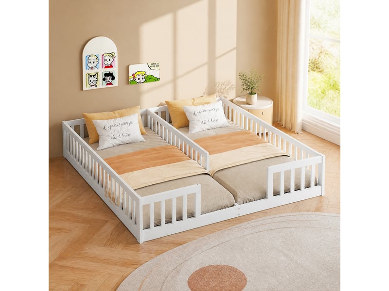  Lit combiné enfant 2 couchages 90x200 cm avec barrières de sécurité blanc  - Conforama C