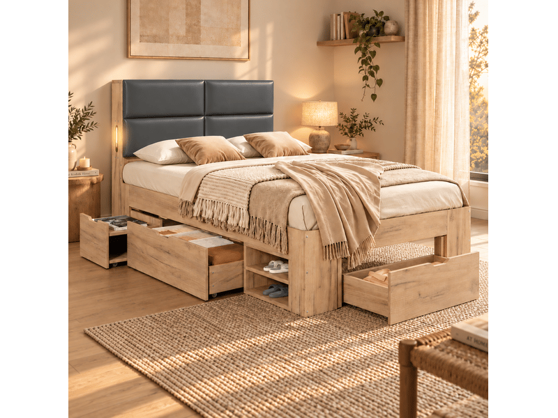  Lit coffre 90x200 cm rangements et ports usb en mdf coloris naturel  - Conforama C