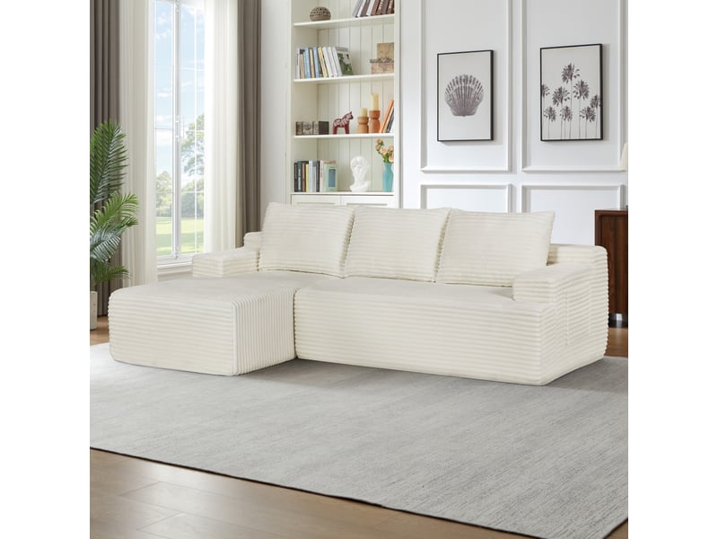  Canapé d’angle convertible 4 places en velours côtelé beige, modèle cloud modulaire au confort profond  - Conforama E