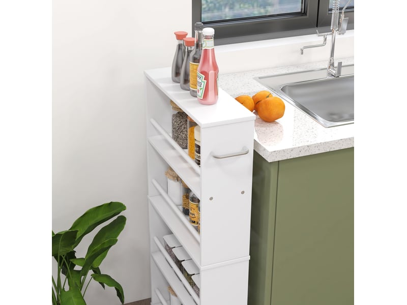  Desserte étroite 45 x 15 x 91 cm blanche en panneaux de particules, 4 niveaux sur roulettes avec freins  - Conforama D