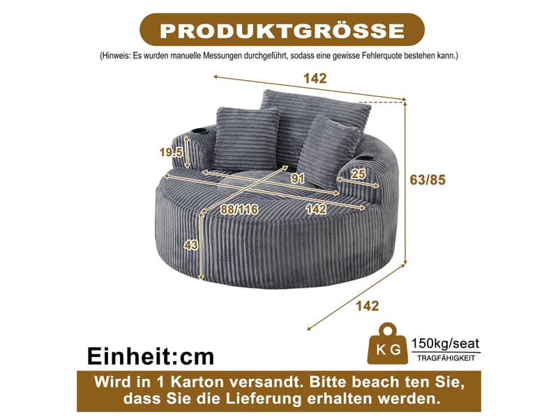  Fauteuil 2 places - 142x142x63 cm - fauteuil poire indépendant en velours côtelé avec 3 coussins et 2 porte-gobelets - gris  - Conforama E
