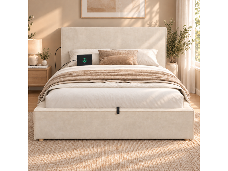 Lit coffre modenvie 120 x 200 cm hydraulique en chenille beige avec sommier à lattes  - Conforama D