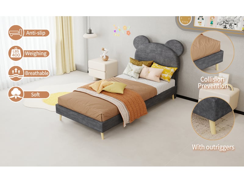  Lit enfant 90x200 cm gris en tissu et métal avec tête de lit motif cartoon  - Conforama W