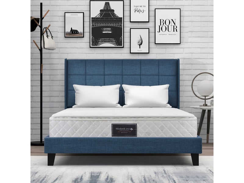  Lit double capitonné 140x200cm, lin bleu, tête rembourrée, sommier à lattes, matelas à ressorts inclus  - Conforama C