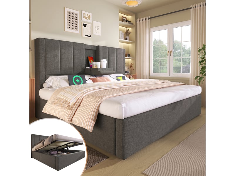 Lit coffre rembourré 140 x 190 cm, rangement hydraulique, porte-gobelet caché, station de recharge, sommier à lattes, lin, gris Bliss Lite - Conforama B