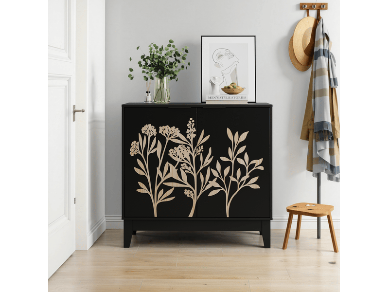 Buffet de rangement 80x38x76 cm, avec 2 portes à motif floral, pour salon, cuisine, salle à manger, mdf noir, élégant - Conforama D