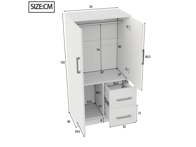  Armoire à 2 portes avec 2 tiroirs et grand espace de rangement pour chambre d'enfant, blanc, 70 × 40 × 135 cm  - Conforama E