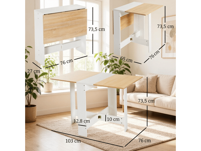  Table de salle à manger pliante en mdf chêne et blanc 103 x 76 x 73,5 cm  - Conforama C