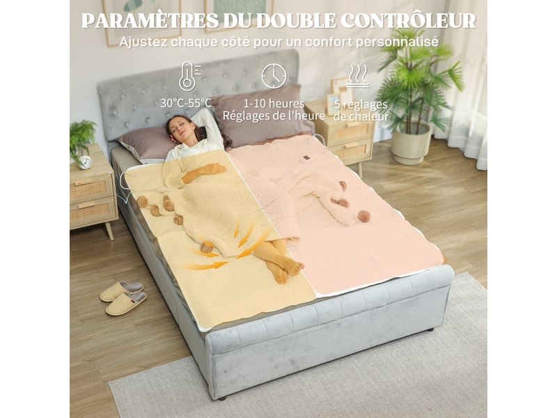  Couverture chauffante, plaid chauffant avec double commande, 5 niveaux de chauffage, minuterie 10h, 160x140cm, blanc  - Conforama E