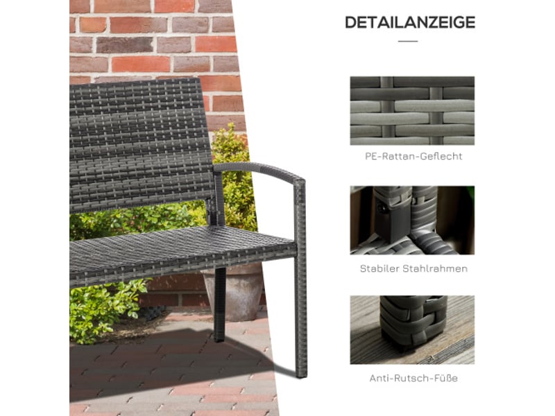  Banc de jardin 2 places gris, effet rotin, cadre acier, charge 320 kg, mobilier extérieur  - Conforama E